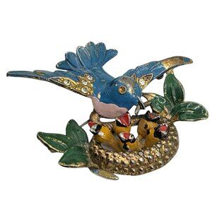 Vintage Fred Gray Blue Bird Brooch Nest Baby Birds Rhinestone Gold-Tone Pin USA